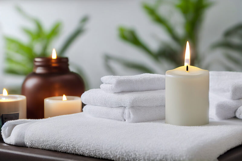 Peaceful spa setting with candles and towels reflecting the holistic approach